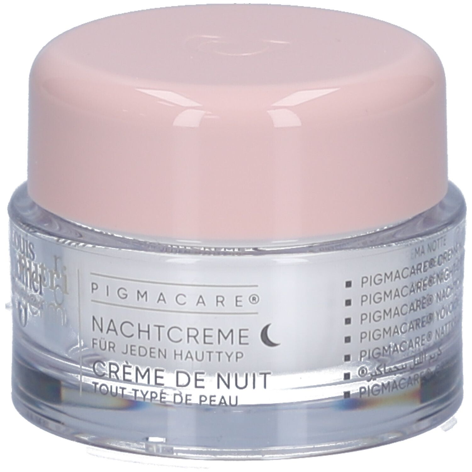 Pot de crème avec couvercle rose. Inscription : PIGMACARE, crème de nuit, pour tous types de peau.