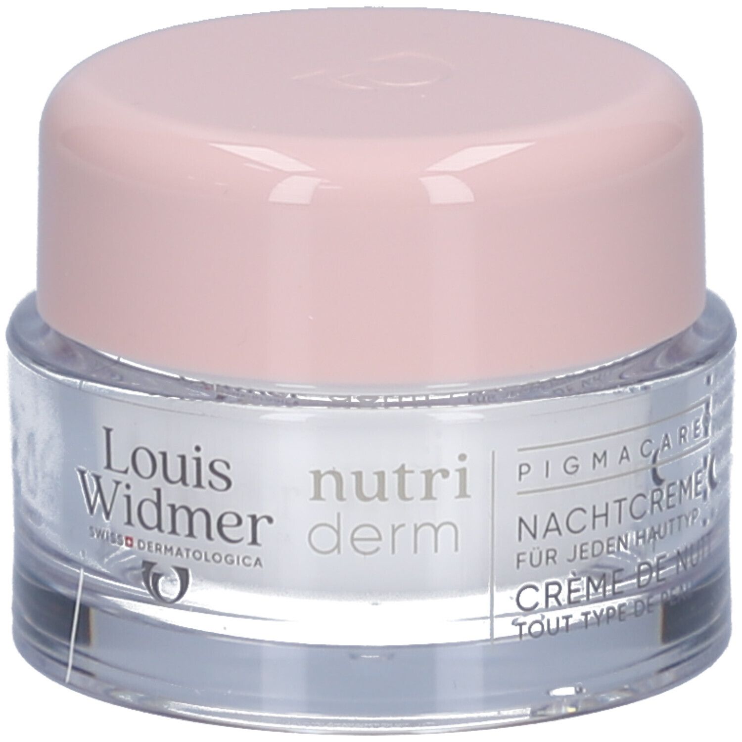Pot de crème avec couvercle rose. Inscription : Louis Widmer, nutriderm, crème de nuit, pour tous types de peau.