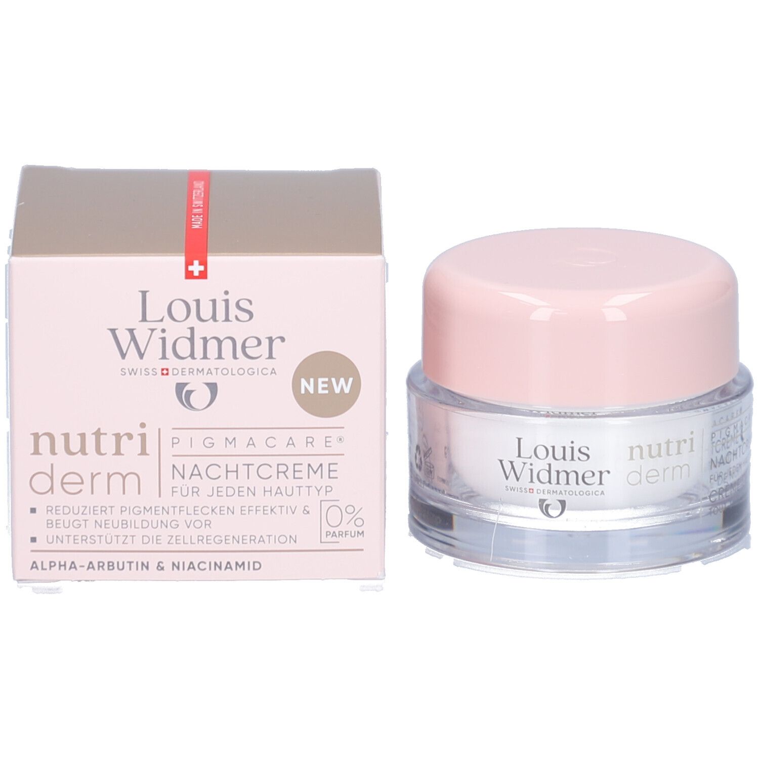 Pot de crème et boîte. Inscription : Louis Widmer, nutriderm, PIGMACARE, crème de nuit. Nouveau. 0% parfum.