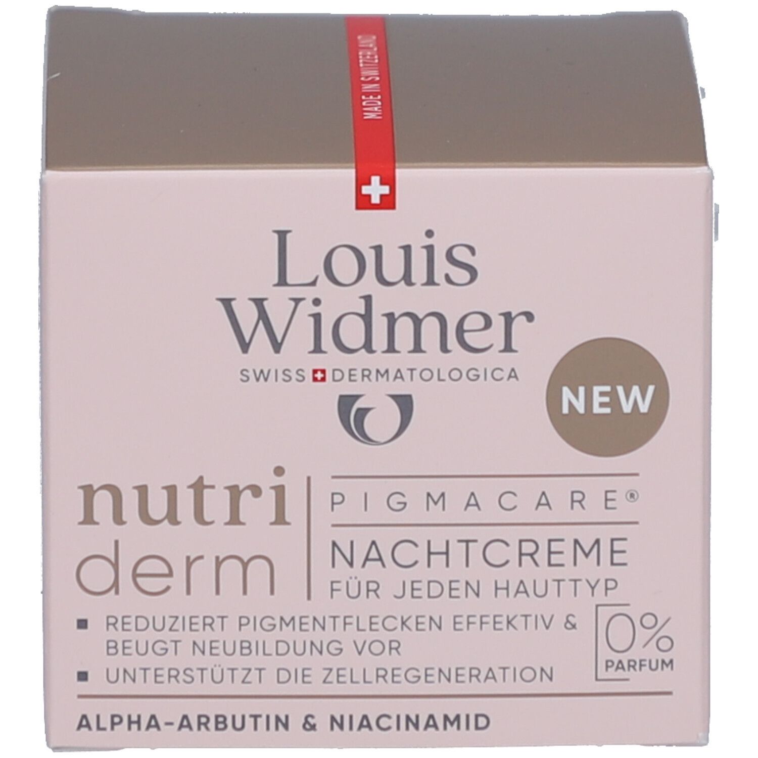 Boîte avec inscription : Louis Widmer, nutriderm, PIGMACARE, crème de nuit. Nouveau. 0% parfum. Croix suisse.