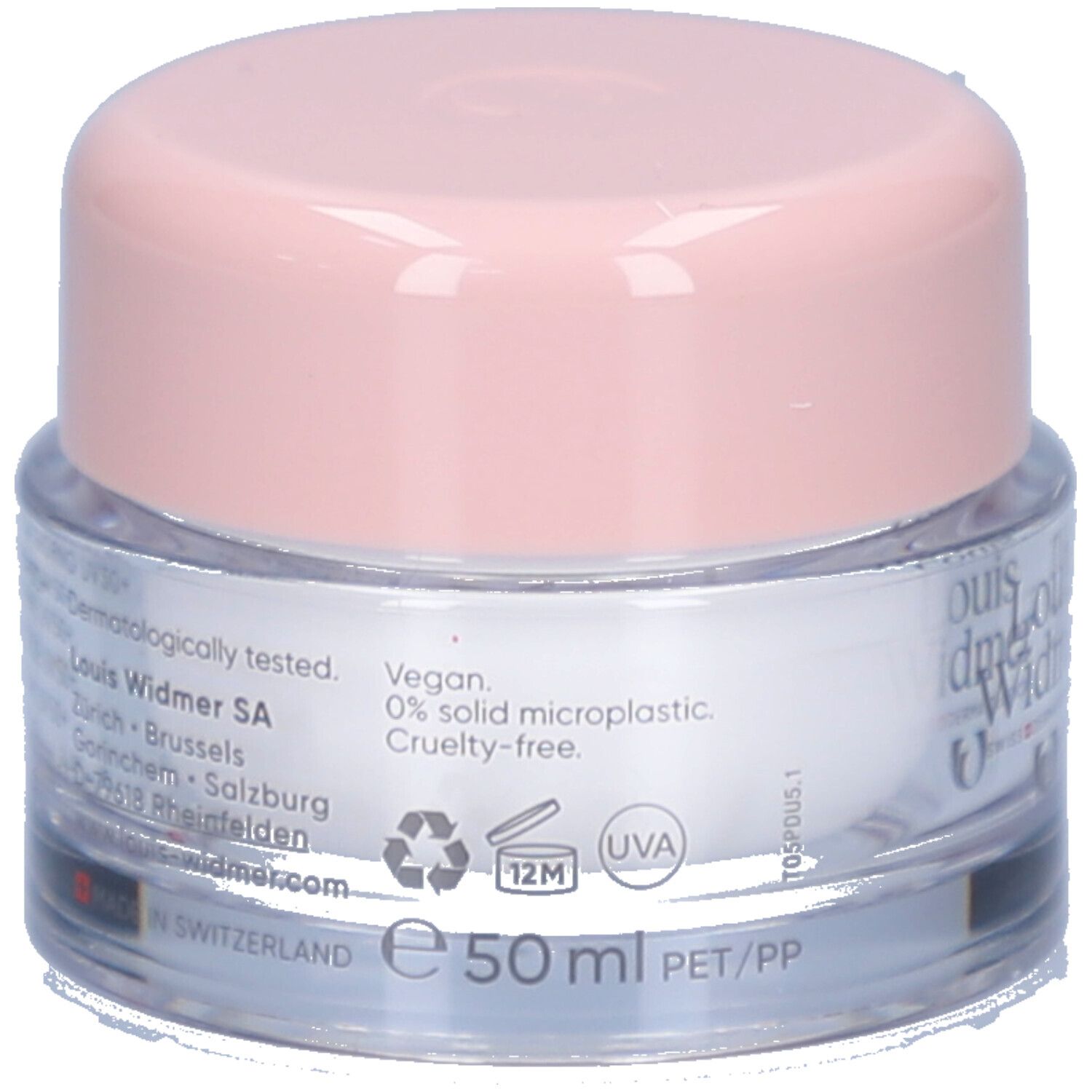 Pot de crème avec couvercle rose. Inscription: Louis Widmer, nutriderm. Vegan, 0% microplastique, sans cruauté. 50 ml.