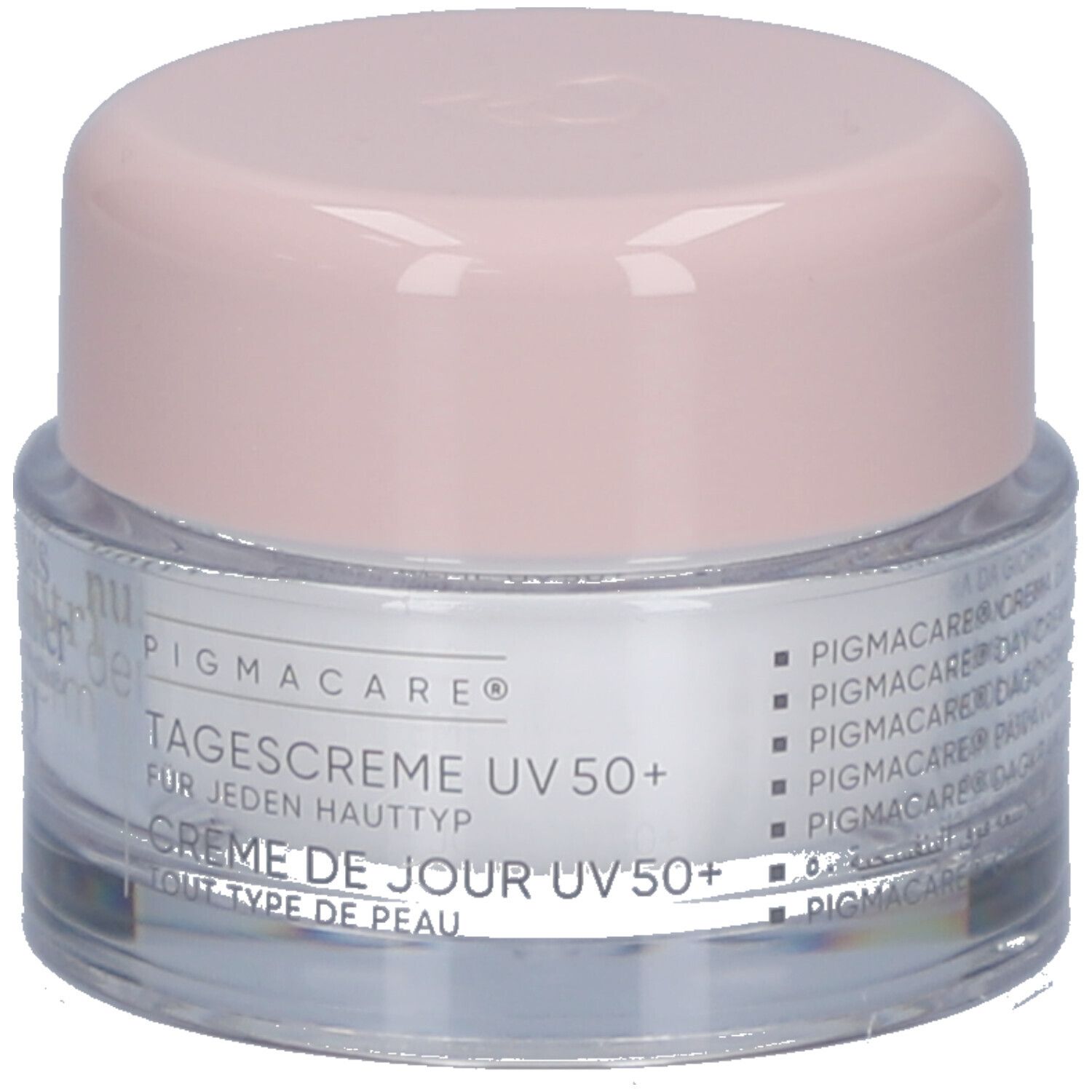 Pot de crème avec couvercle rose. Inscription: Pigmacare, Crème de jour UV 50+ pour tout type de peau. Crème de jour UV 50+.