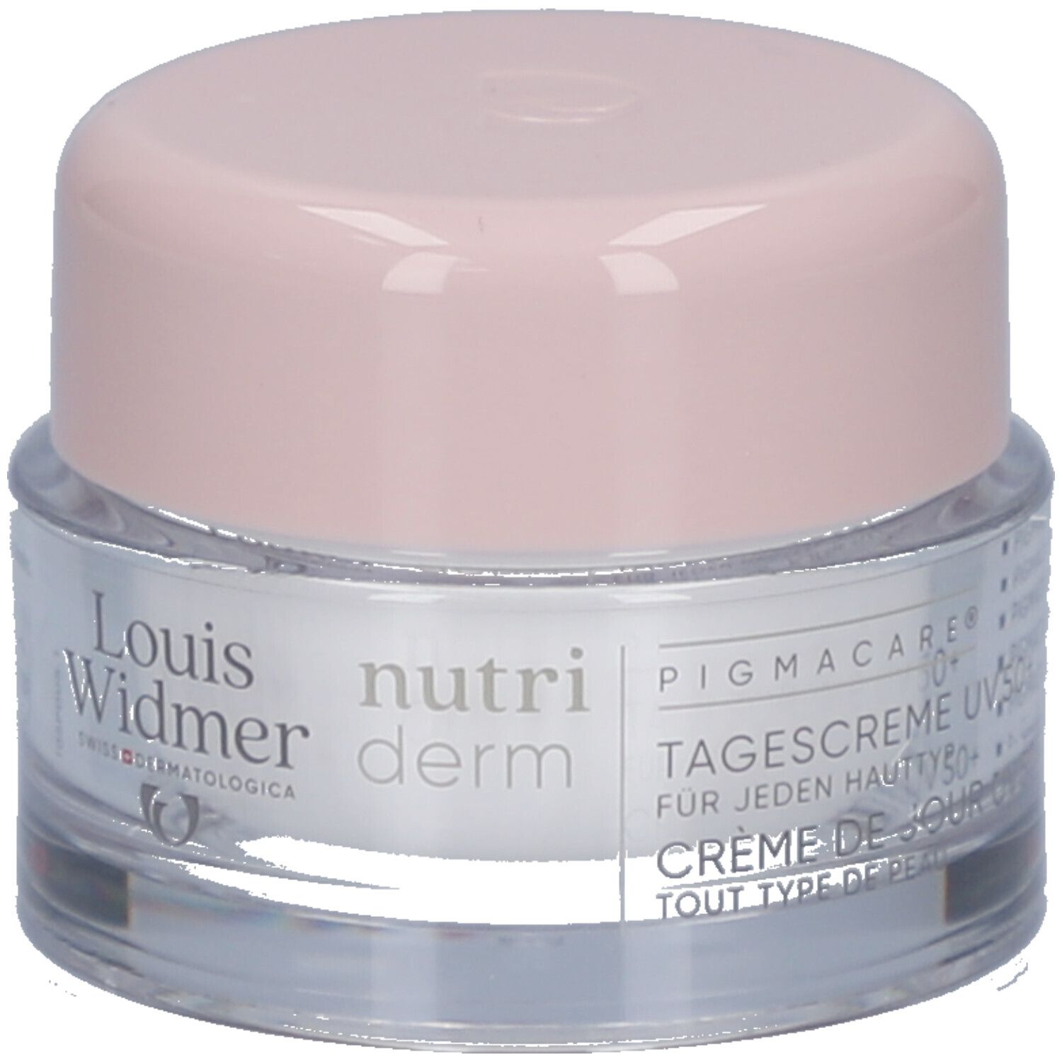 Pot de crème avec couvercle rose. Inscription: Louis Widmer, nutriderm, Pigmacare Crème de jour UV 50+ pour tout type de peau. Crème de jour.