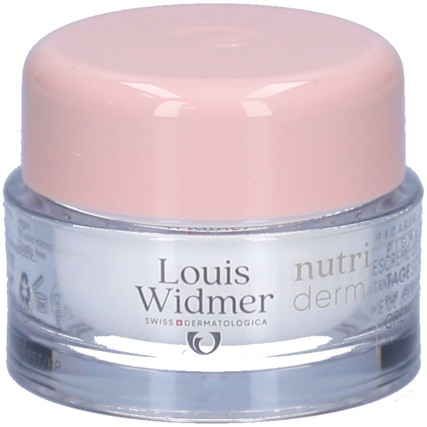 Pot de crème avec couvercle rose. Inscription: Louis Widmer, nutriderm, Pigmacare Crème de jour UV 50+. Marque dermatologique suisse.