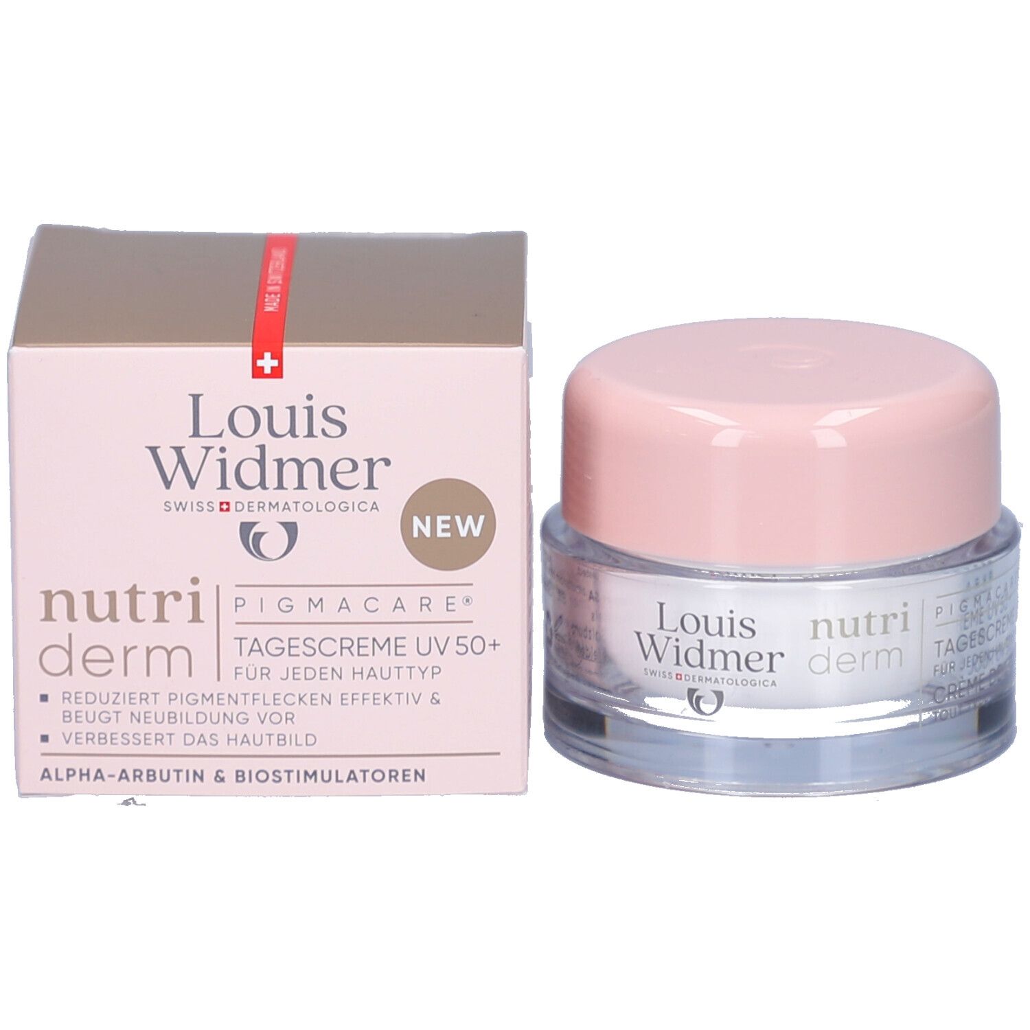 Emballage du produit et pot de crème. Inscription: Louis Widmer, nutriderm, Pigmacare Crème de jour UV 50+. Réduit les taches pigmentaires.