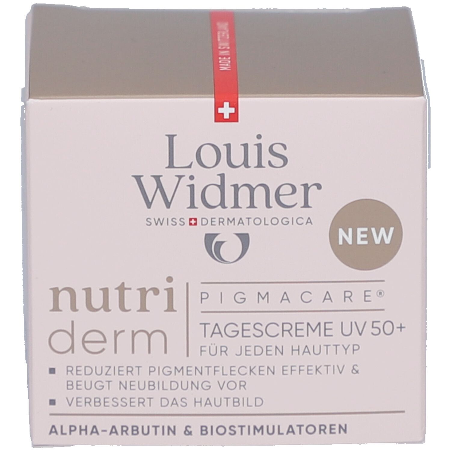Emballage du produit. Inscription: Louis Widmer, nutriderm, Pigmacare Crème de jour UV 50+. Réduit efficacement les taches pigmentaires.