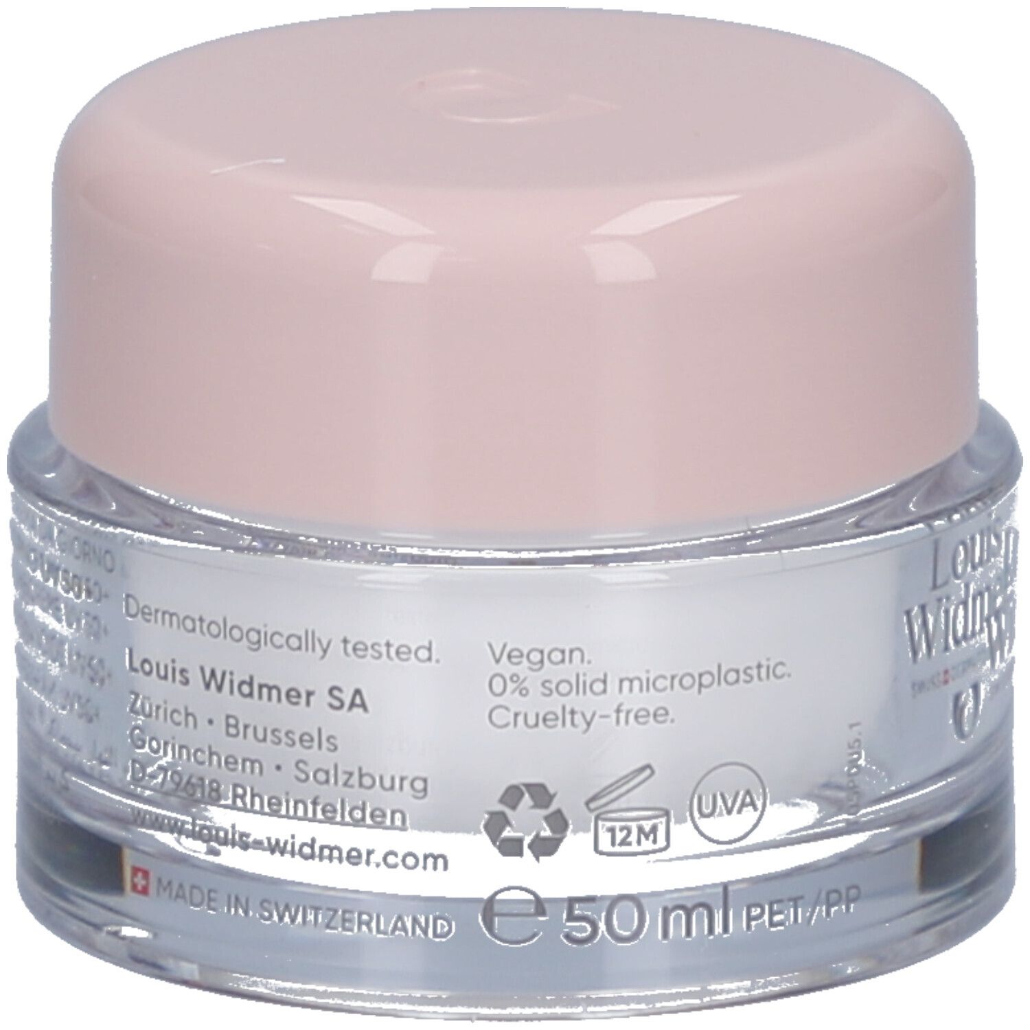 Rückseite des Creme-Tiegels. Aufschrift: Louis Widmer, Dermatologisch getestet, Vegan, 0% Mikroplastik, Cruelty-free.