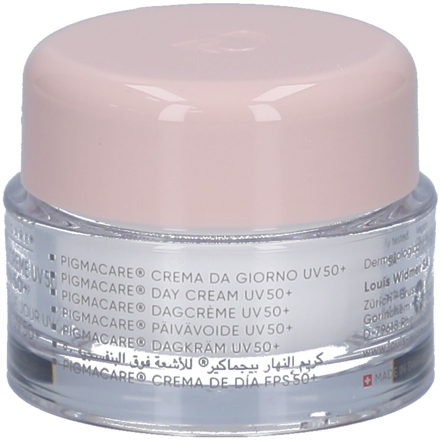 Creme-Tiegel mit rosa Deckel. Aufschrift: PIGMACARE, Crema da giorno, Day Cream, Dagcrème, Pâivaidoide, Dagkräm.