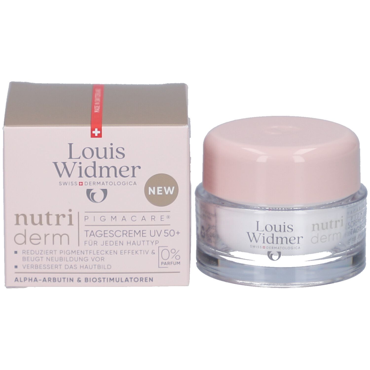 Creme-Tiegel und Verpackung. Aufschrift: Louis Widmer, nutriderm, PIGMACARE, Tagescreme UV 50+, 0% Parfum.