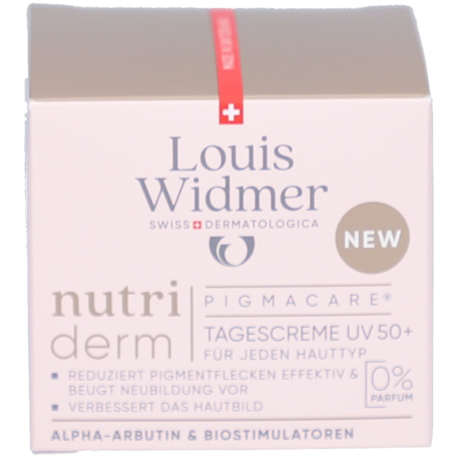 Verpackung. Aufschrift: Louis Widmer, nutriderm, PIGMACARE, Tagescreme UV 50+, 0% Parfum, NEW.
