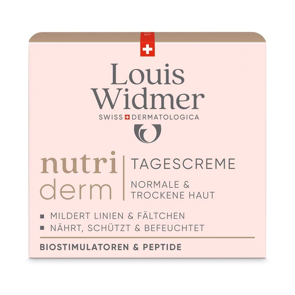 Verpackung mit "Louis Widmer" und "nutri derm". Text: Tagescreme, normale & trockene Haut.  Enthält: mildert Linien & Fältchen, nährt, schützt & befeuchtet.