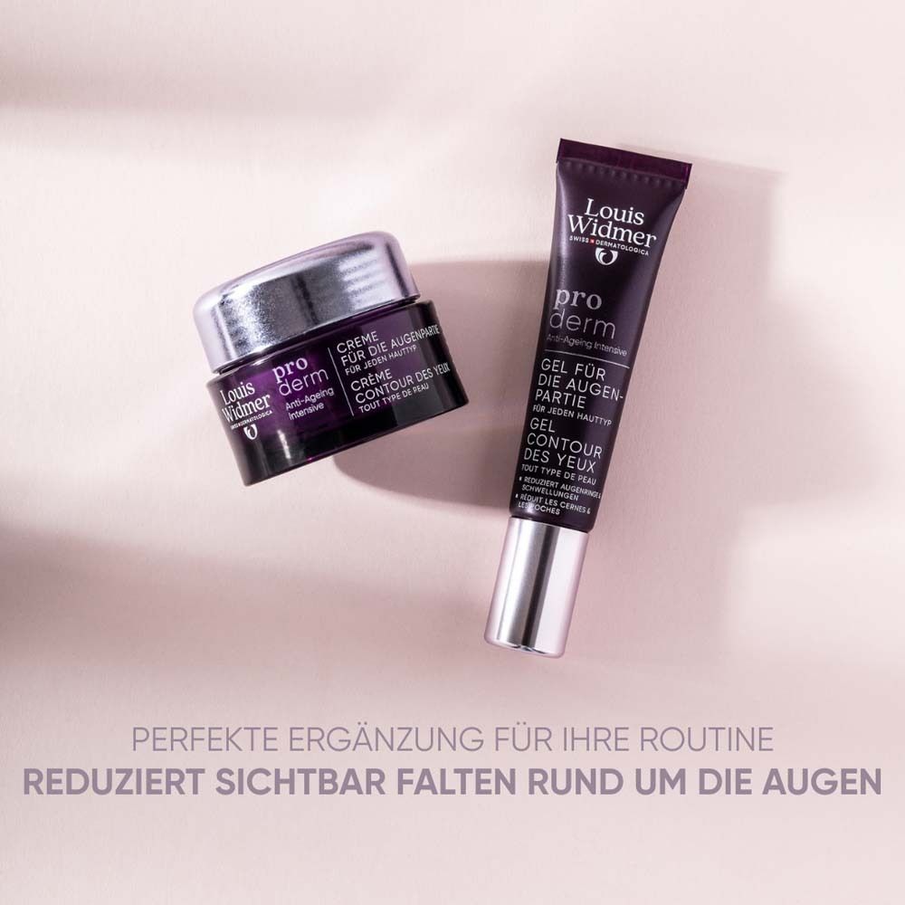 Crème et gel pour les yeux Louis Widmer. Texte: Complément parfait, réduit les rides. Sur fond rose.