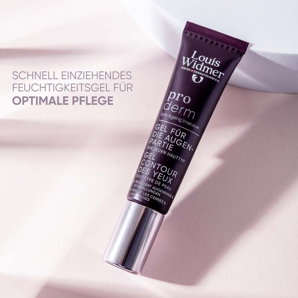 Tube Louis Widmer proderm Gel Contour des Yeux. Tube violet avec bouchon argenté. Texte: pro derm, Gel Contour des Yeux. Sur socle blanc.