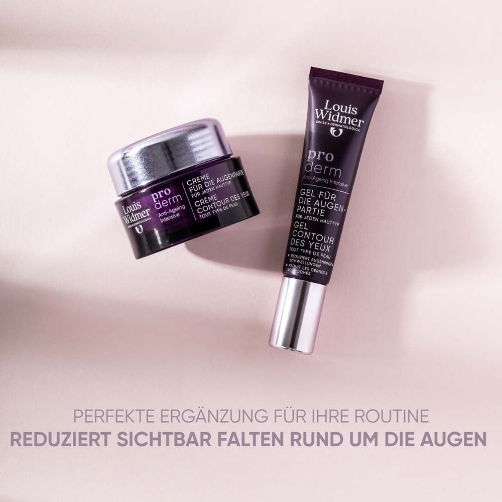 Image produit: Louis Widmer proderm Crème et Gel Contour des Yeux. Tubes et pot violets. Texte: pro derm.