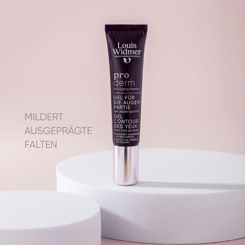 Tube Louis Widmer proderm Gel Contour des Yeux. Tube violet avec bouchon argenté. Texte: pro derm, Gel Contour des Yeux. Sur socle.