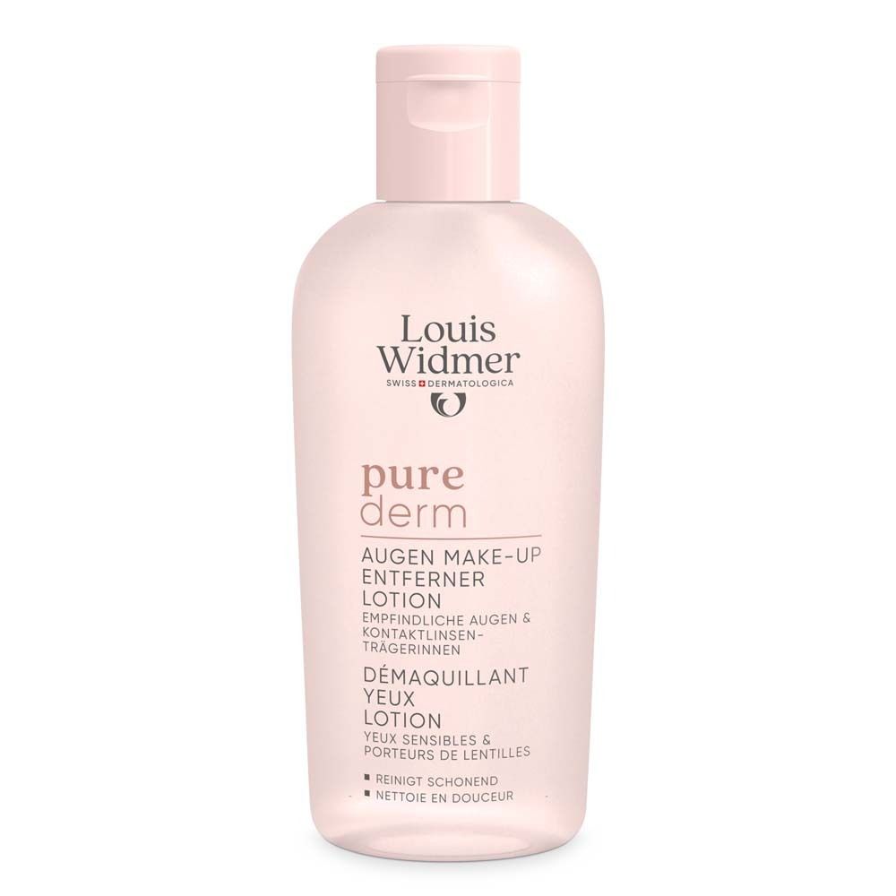 Flacon rose de lotion démaquillante pour les yeux. Marque: Louis Widmer. Texte: pure derm, lotion démaquillante yeux.