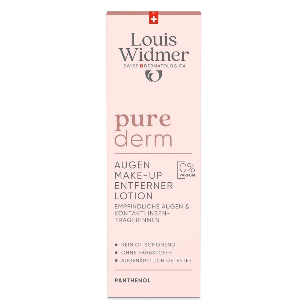 Emballage de la lotion démaquillante pour les yeux. Marque: Louis Widmer. Texte: pure derm, lotion démaquillante yeux, 0% parfum.