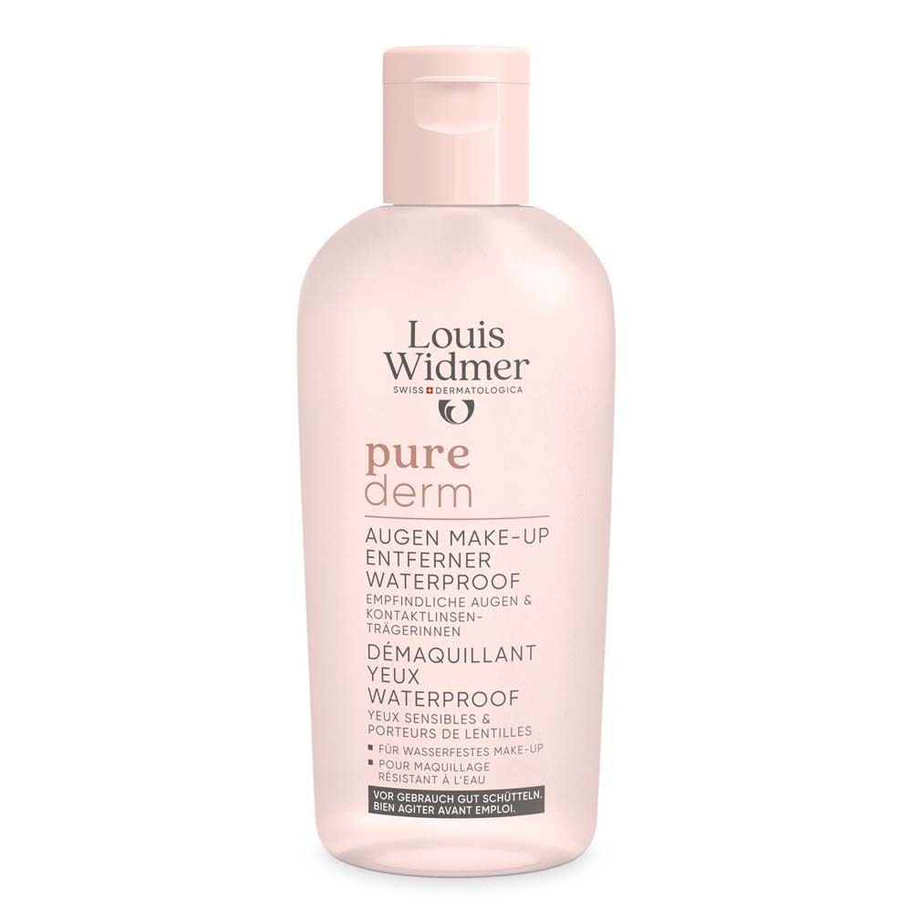 Flacon rose de démaquillant pour les yeux. Nom du produit: Louis Widmer Pure Derm. Texte: Demaquillant yeux waterproof.