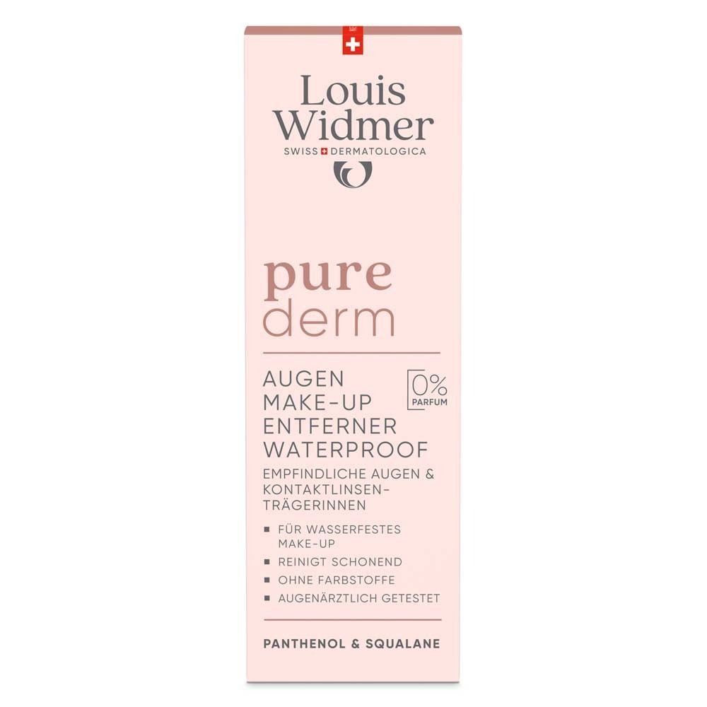 Emballage du produit Louis Widmer Pure Derm démaquillant yeux waterproof. Emballage rose avec texte et logo.