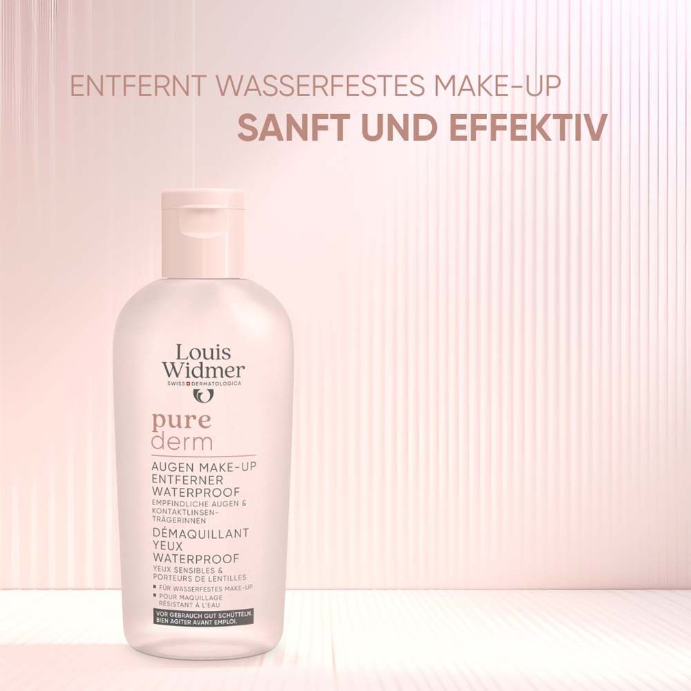 Flasche Louis Widmer purederm Augen-Make-up-Entferner. Text: Entfernt wasserfestes Make-up sanft und effektiv.