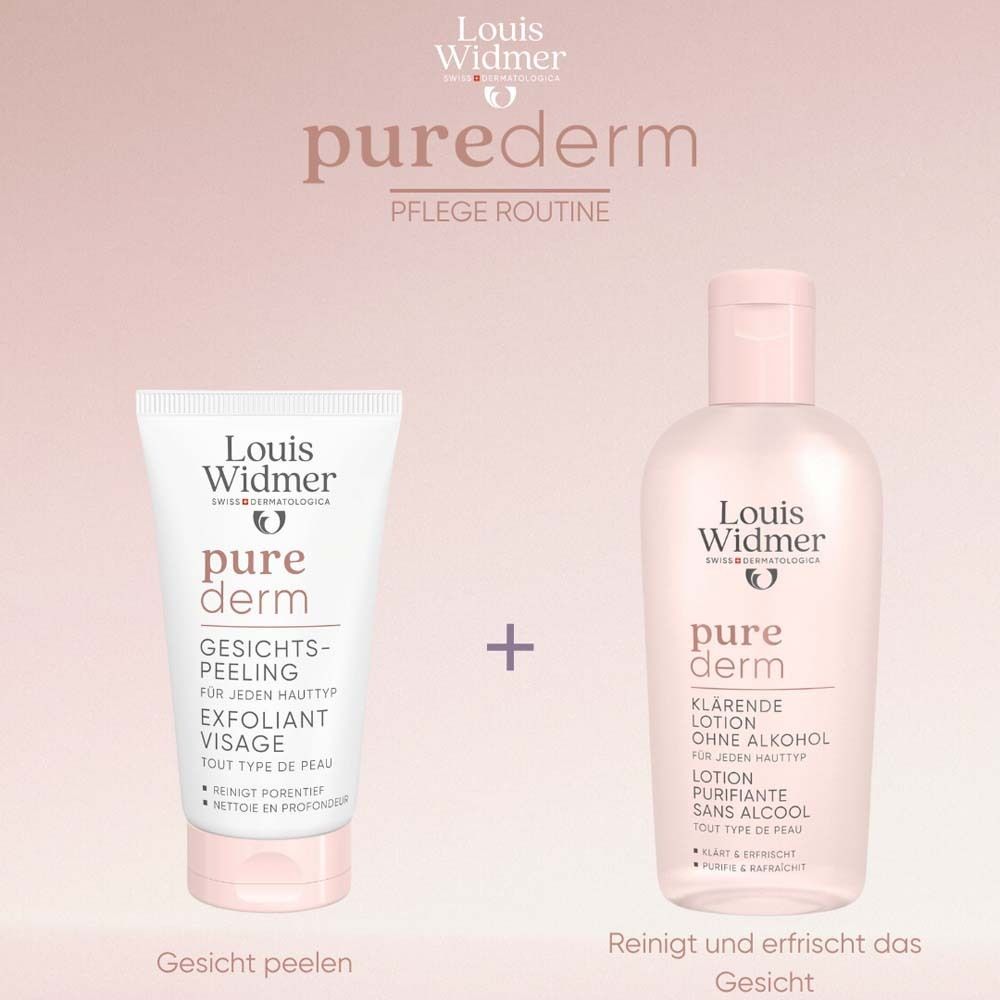 Duo de produits: tube et flacon. Inscription: Louis Widmer, pure derm, Gesichtspeeling, Lotion clarifiante sans alcool.