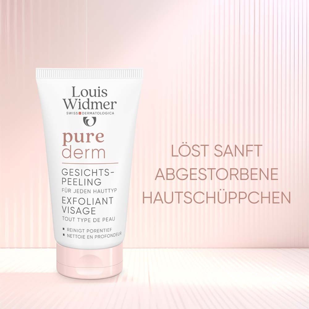 Tube avec inscription: Louis Widmer, pure derm, Gesichtspeeling, pour tous types de peau, Exfoliant Visage. Texte: Dissout en douceur les squames.