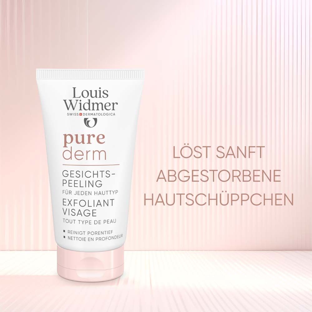 Louis Widmer purederm gommage. Texte: Dissout en douceur les cellules mortes de la peau. Logo: pure derm.
