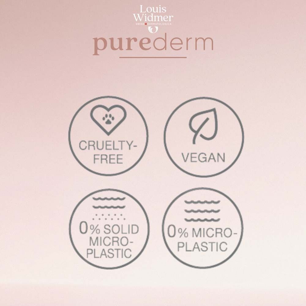 Symboles : Sans cruauté, végétalien, 0% microplastiques, 0% microplastiques solides.