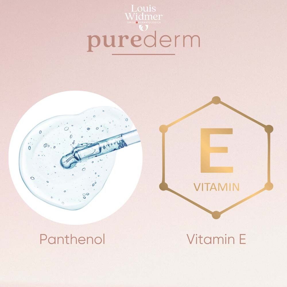 Goutte et symbole vitamine E. Texte: Panthénol, Vitamine E.