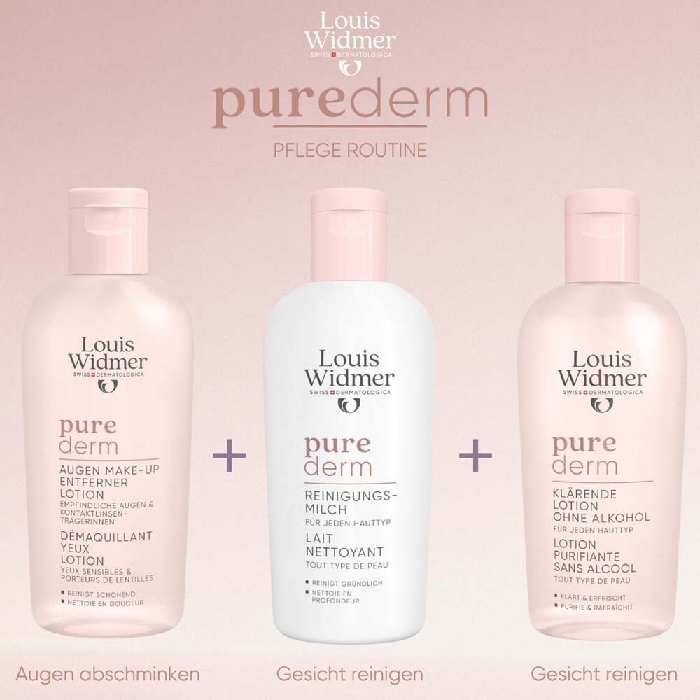 Trois flacons. Texte: Démaquillant yeux, Lait nettoyant, Lotion clarifiante.