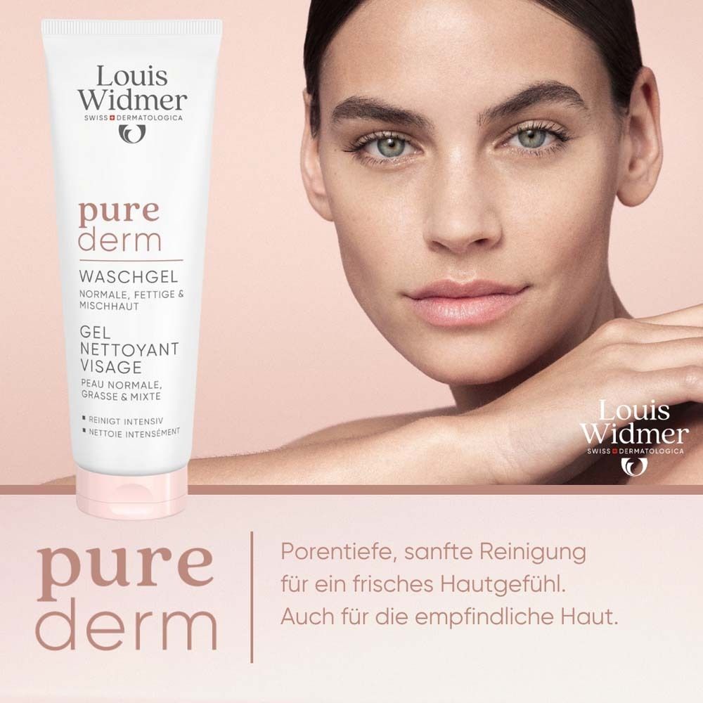 Frau mit Produkt. Tube mit Louis Widmer, purederm Waschgel. Text: Normale, fettige & Mischhaut.