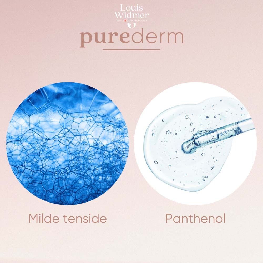 Deux illustrations: bulles de savon et liquide avec pipette. Texte: Tensioactifs doux, Panthénol.