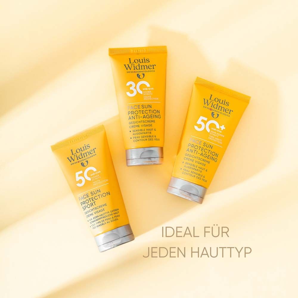 Trois tubes jaunes Louis Widmer 50+ et 30+. Protection solaire. Idéal pour tous types de peau.