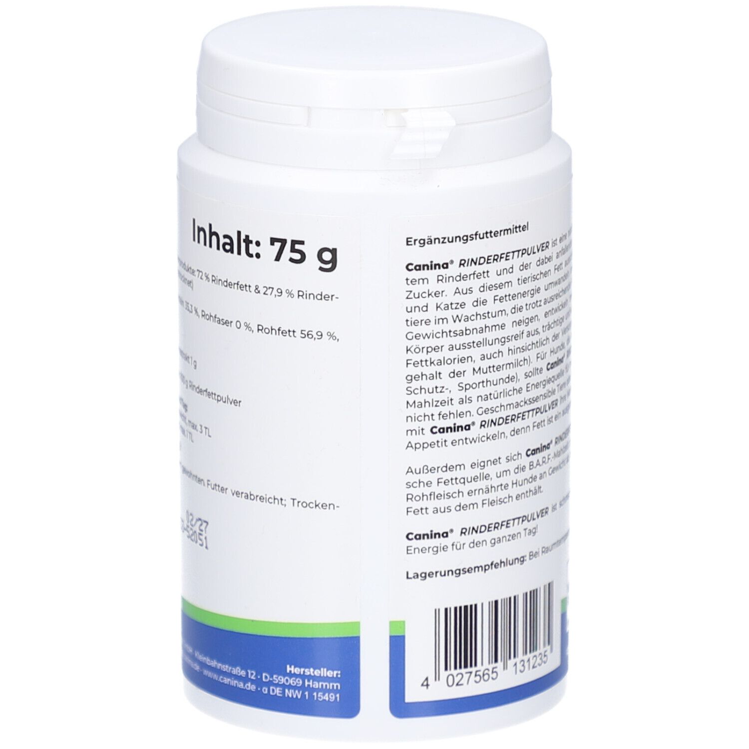 Weiße Dose, Aufschrift: Inhalt 75 g. Text über Inhaltsstoffe, Herstelleradresse, Mindesthaltbarkeit.