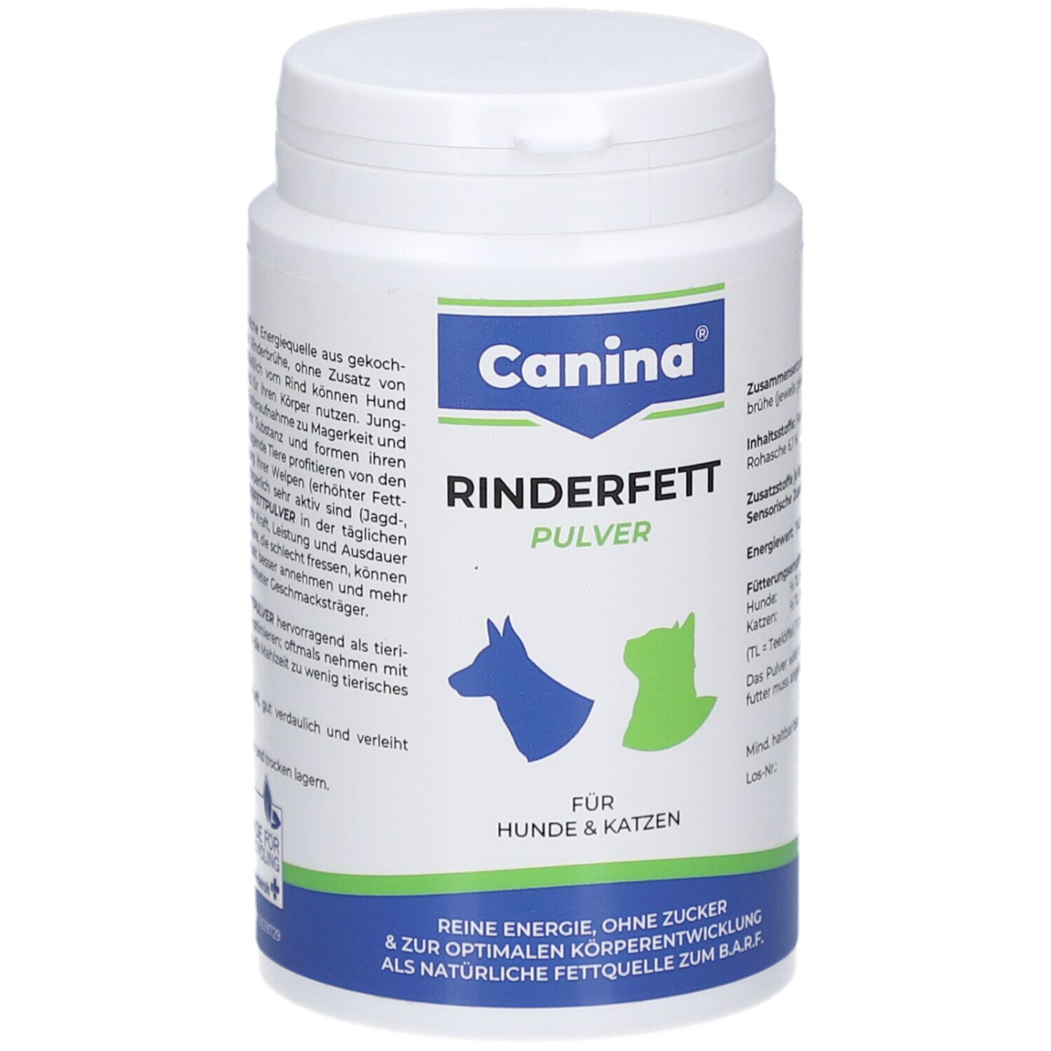 Weiße Dose mit blauem und grünem Logo. Aufschrift: Canina Rinderfett Pulver. Für Hunde & Katzen. Reine Energie, ohne Zucker.