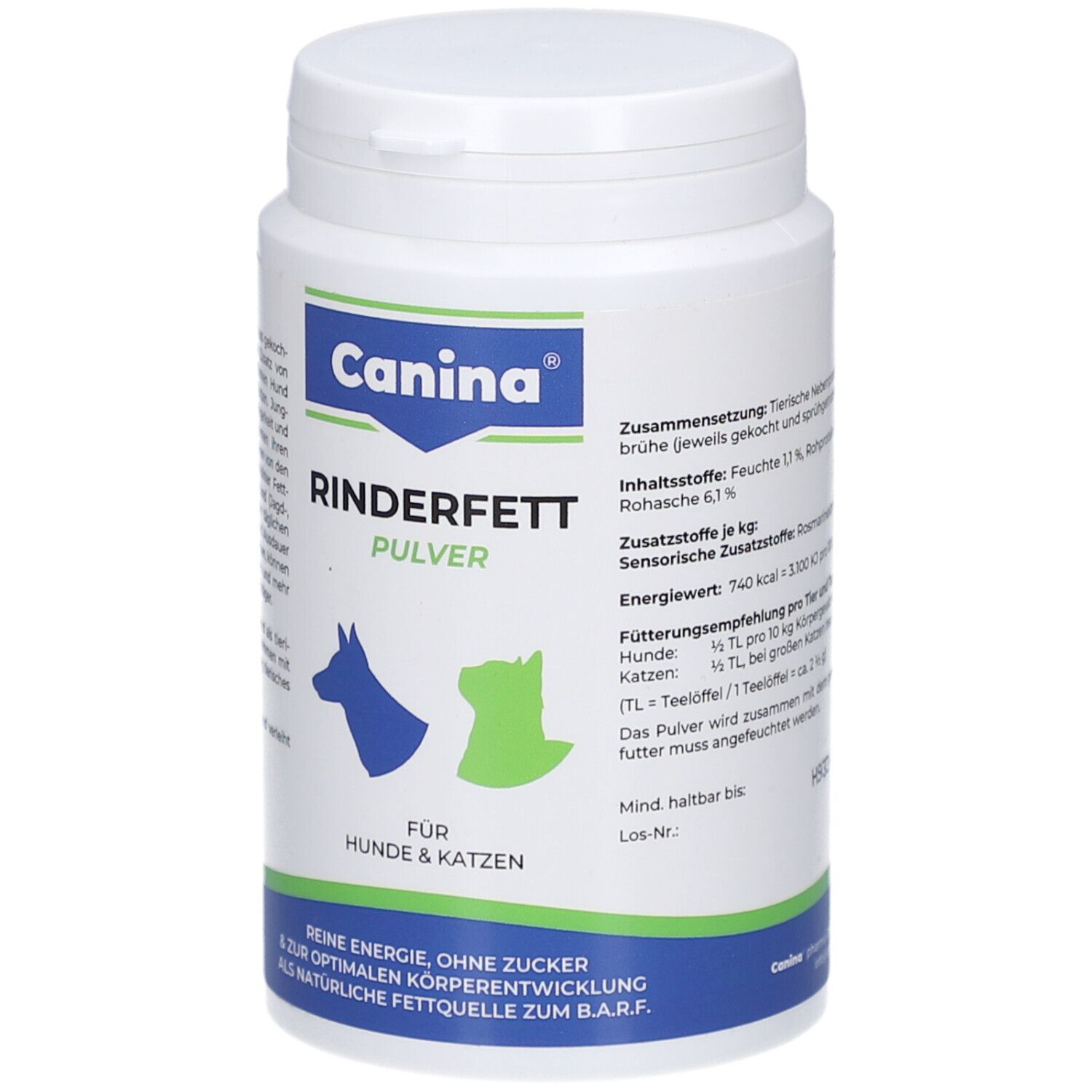 Weiße Dose mit Text. Aufschrift: Canina Rinderfett Pulver. Für Hunde & Katzen. Fütterungsempfehlung, Inhaltsstoffe, Energiewert.