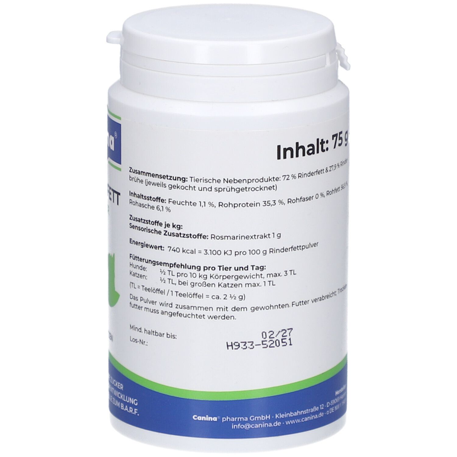 Weiße Dose, Aufschrift: Inhalt 75 g. Text über Inhaltsstoffe, Fütterungsempfehlung, Mindesthaltbarkeit, Hersteller.