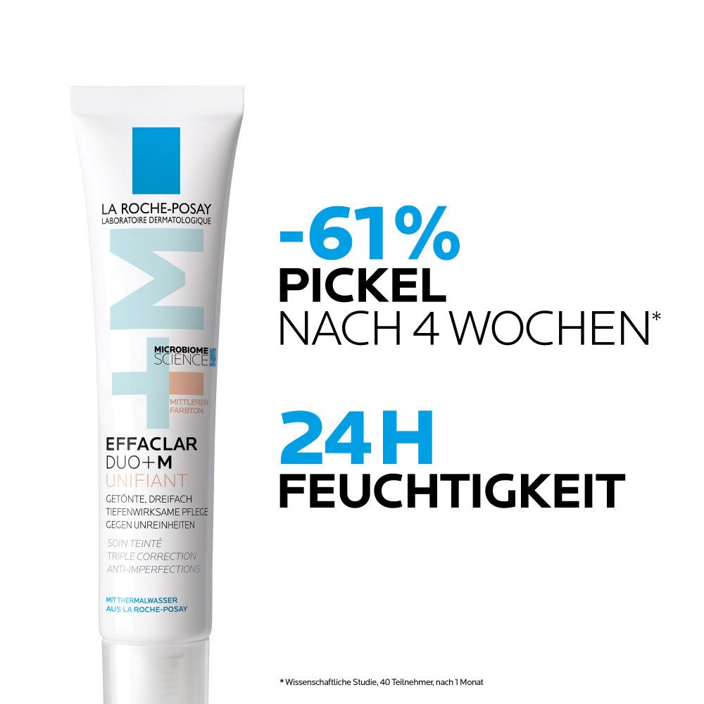 Creme-Tube Effaclar Duo+ M. -61% Pickel nach 4 Wochen. 24H Feuchtigkeit. Weißer Hintergrund.