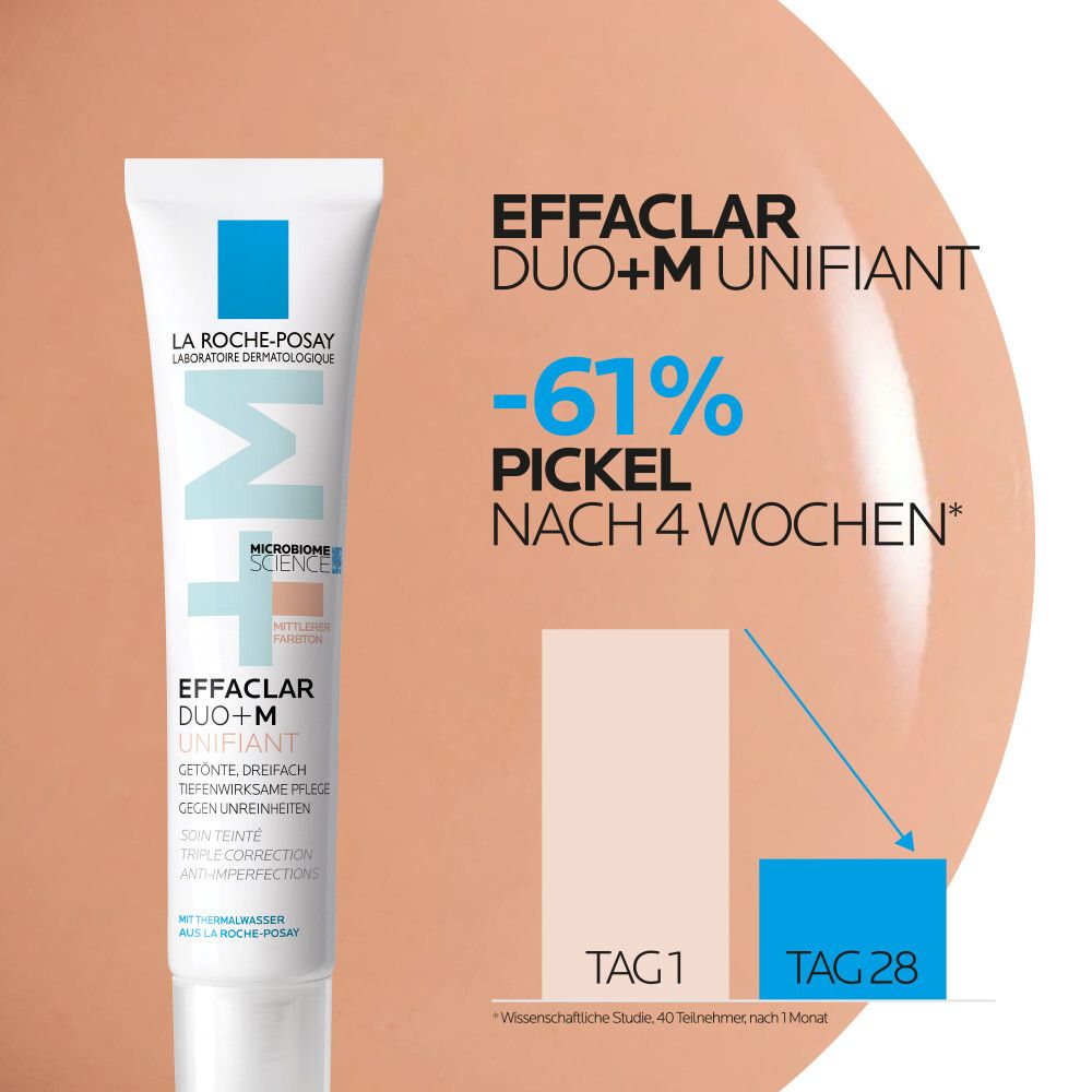 Creme-Tube Effaclar Duo+ M. Diagramm zeigt Verbesserung nach 28 Tagen. Weißer Hintergrund.