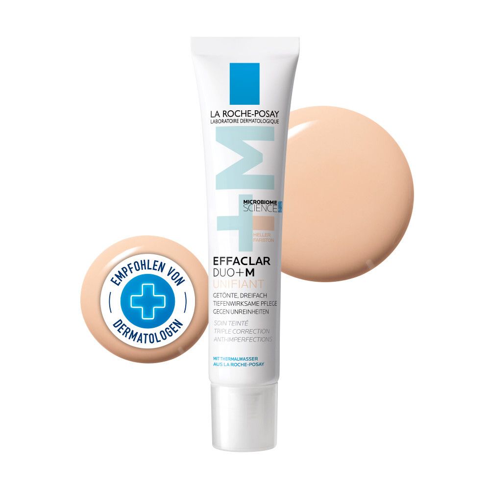 La Roche-Posay Effaclar Duo+M getönt. Tube mit Produkt und Farbprobe. Dermatologen empfohlen.