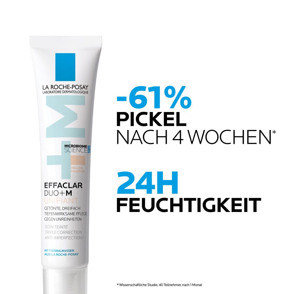 La Roche-Posay Effaclar Duo+M getönt. Text mit -61% Pickel nach 4 Wochen und 24H Feuchtigkeit.