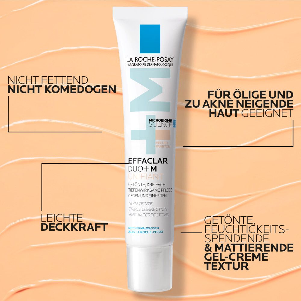 La Roche-Posay Effaclar Duo+M getönt. Text: Nicht fettend, nicht komedogen. Für ölige und zu Akne neigende Haut.