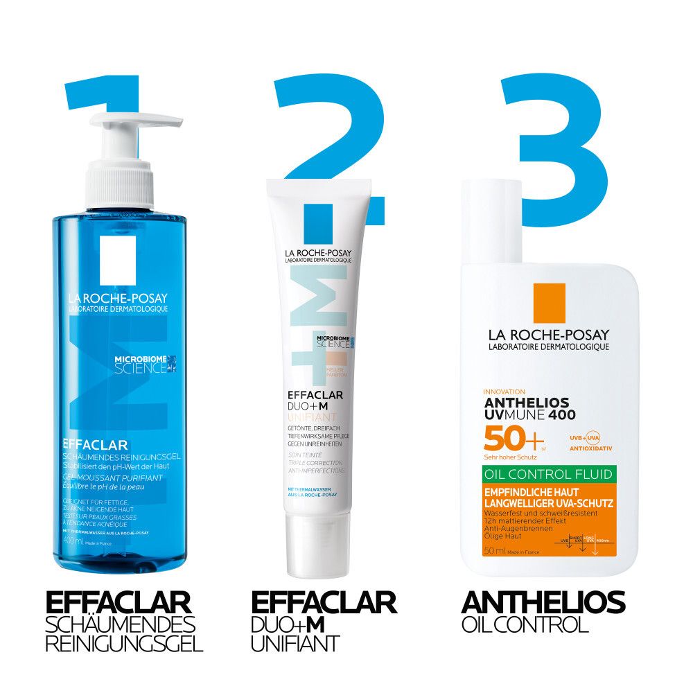 Drei La Roche-Posay Produkte: Effaclar Reinigungsgel, Effaclar Duo+M getönt, Anthelios Oil Control Fluid.