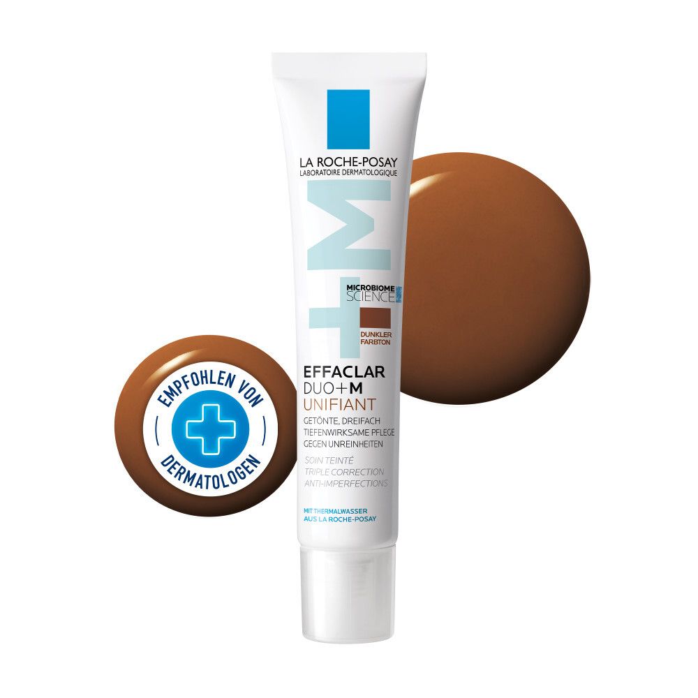 Tube blanc Effaclar DUO+ M teinté foncé La Roche-Posay. Tache de couleur marron. Recommandé par les dermatologues.