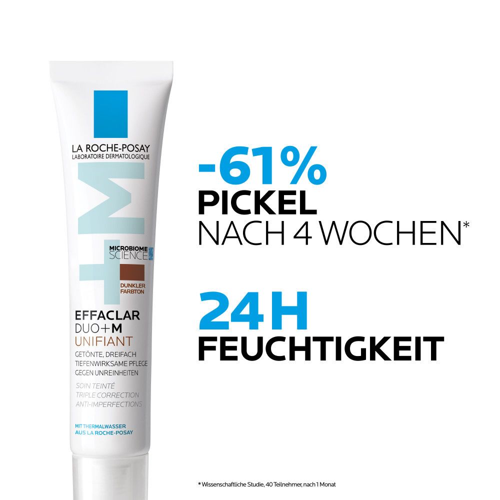 Tube blanc Effaclar DUO+ M teinté foncé La Roche-Posay. Texte avec -61% de boutons en 4 semaines et 24H d'hydratation.