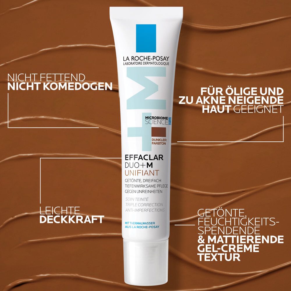La Roche-Posay Effaclar DUO+ M teinté foncé. Texte: Non gras, non comédogène. Convient aux peaux grasses.