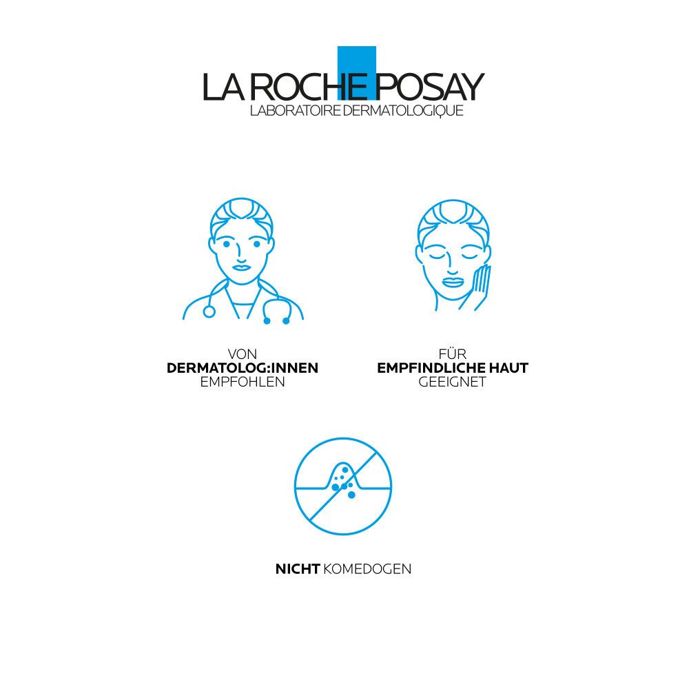Logo La Roche-Posay. Texte: Recommandé par les dermatologues, convient aux peaux sensibles, non comédogène.