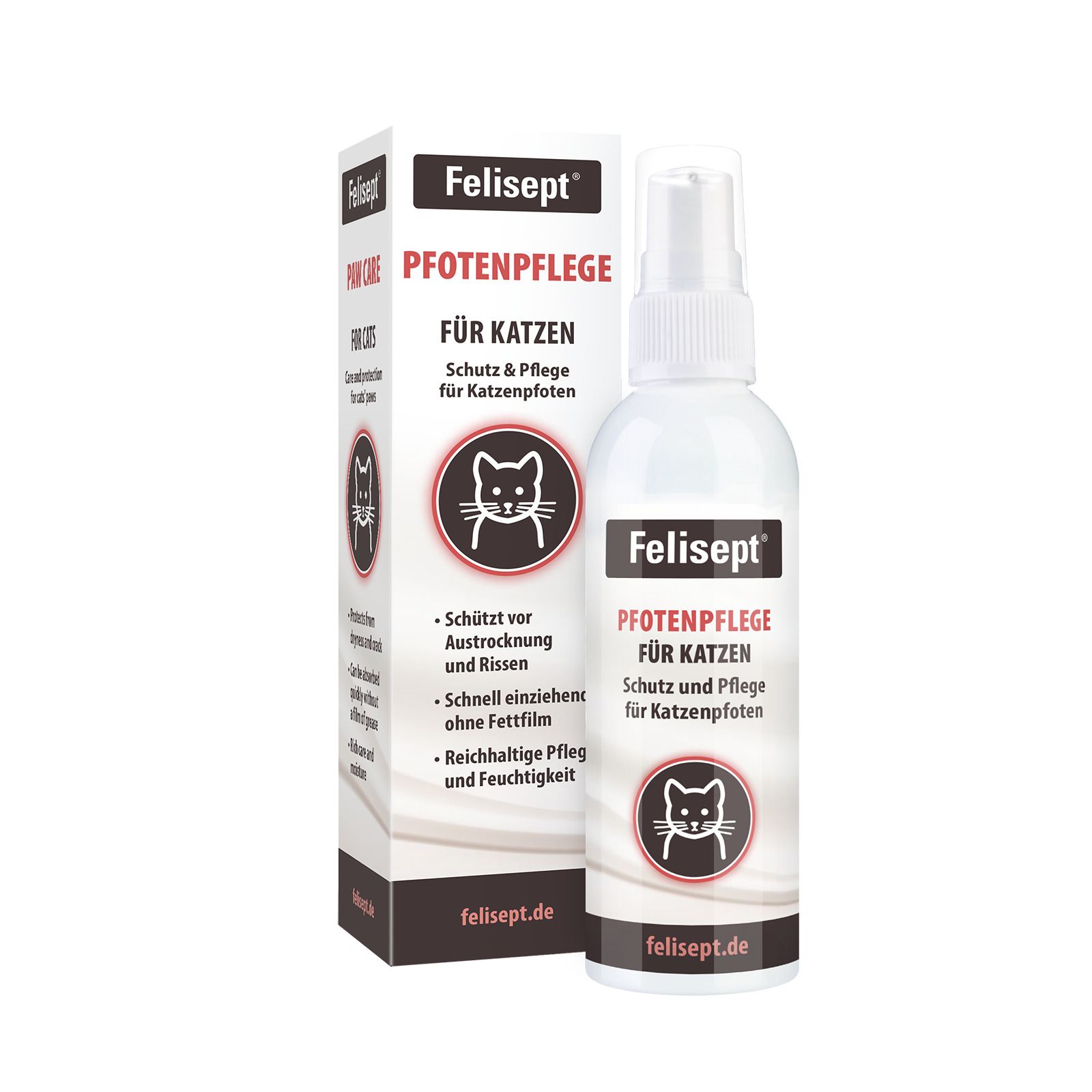 Weiße Sprühflasche und Karton. Aufschrift: Felisept Pfotenpflege für Katzen. Schutz & Pflege für Katzenpfoten.