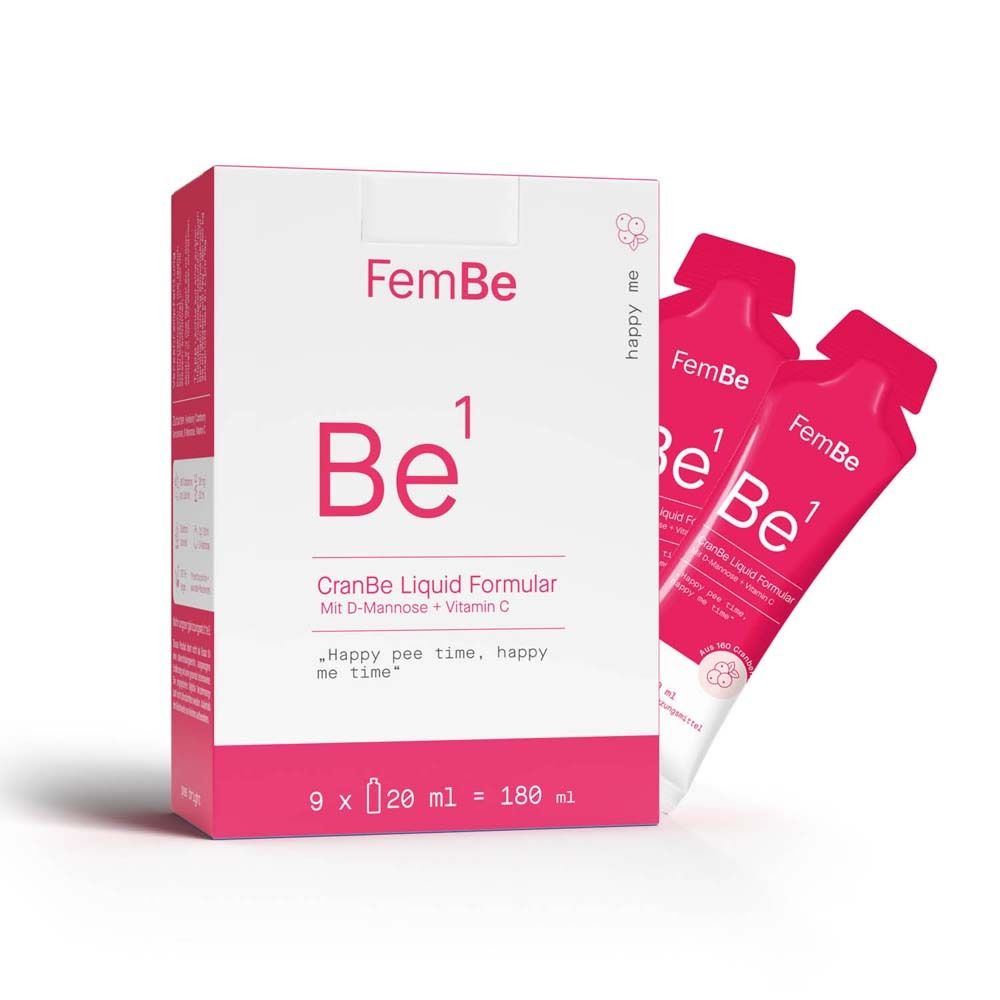 FemBe Be¹ CranBe Liquid Formular. Emballage blanc et rose. 9 x 20 ml. Avec D-Mannose et vitamine C.