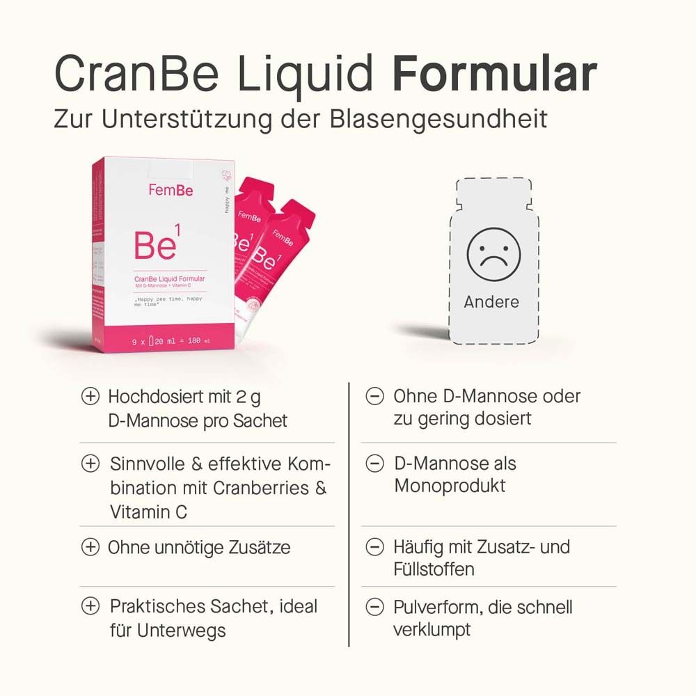 CranBe Liquid Formular. Emballage et sachets. Texte : Fortement dosé, combinaison avec canneberges et vitamine C, sachet pratique.